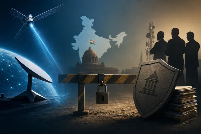 Editorial illustration about Starlink’s India launch dispute, satellite security requirements and government approvals