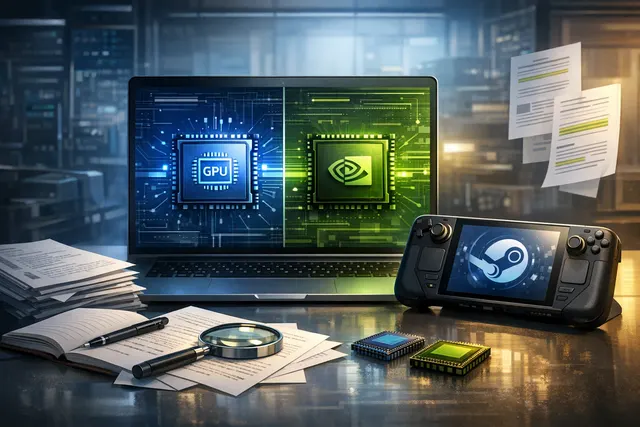 A Steam Deck and a desktop PC monitor displaying the SteamOS interface, with logos for AMD, Intel, and Nvidia GPUs in the background