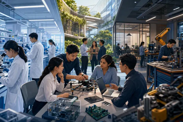 Illustration of deep-tech founders developing research in a laboratory and prototyping workspace
