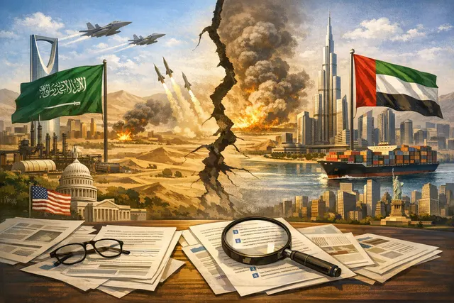Abstract visualization of a geopolitical rift between Saudi Arabia and the UAE, with financial and war motifs representing the split.
