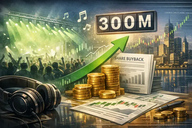 Editorial illustration of Spotify stock rising after Q2 2026 results, record margins and 300 million Premium subscribers