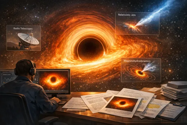 Conceptual rendering of the supermassive black hole M87* with an asymmetric bright ring, dark central shadow, and a relativistic jet emerging from the core.