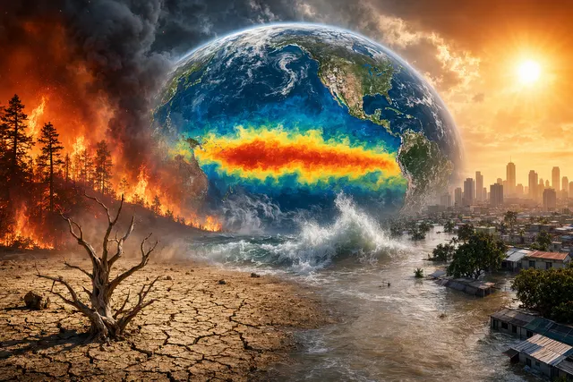 Illustration of warming Pacific Ocean waters driving global weather extremes linked to El Niño