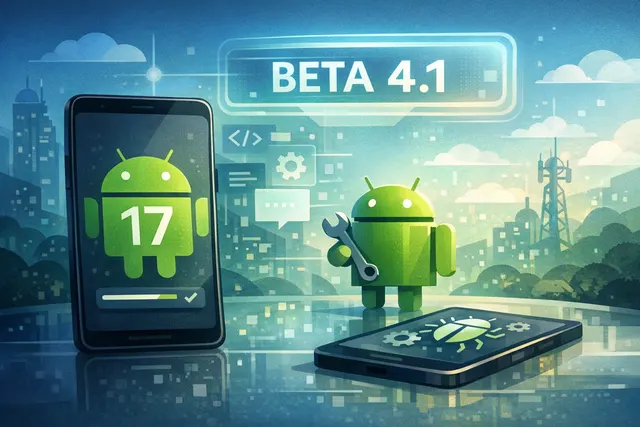 Abstract illustration of a smartphone with an Android operating system icon, representing the Android 17 Beta 4.1 release cycle.