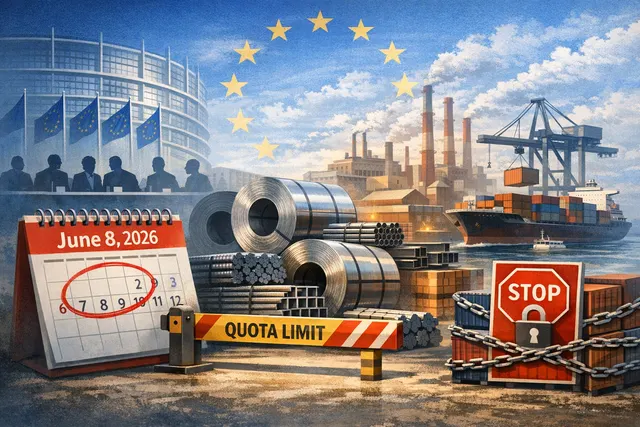 European Union steel import regulation concept showing a shield over the EU flag surrounded by shipping containers and industrial steel imagery