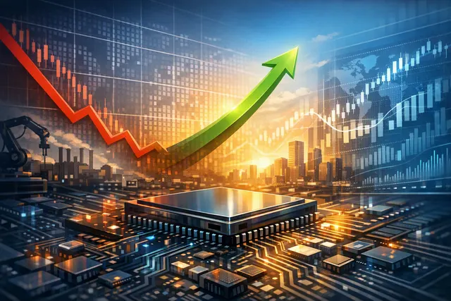 A dramatic graph showing a steep decline and sharp rebound of semiconductor stock index, with glowing circuit board patterns in the background
