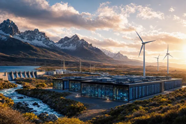Editorial illustration of AI data-center infrastructure in Argentina’s Patagonian landscape