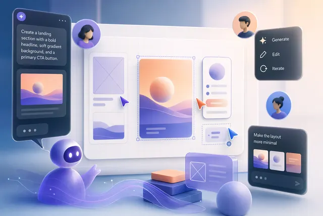 Illustration of AI agents collaborating inside a digital design canvas similar to Figma