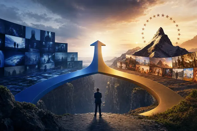 AI-generated editorial illustration representing the Skydance merger of the companies behind HBO Max and Paramount+.