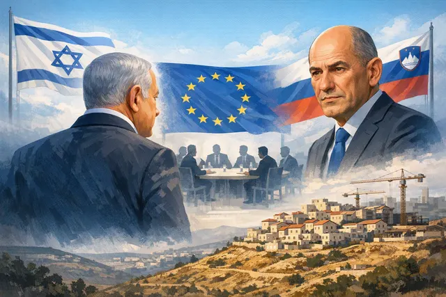 Illustrated editorial image representing Benjamin Netanyahu, Janez Janša and the EU dispute over E1 settlement plans