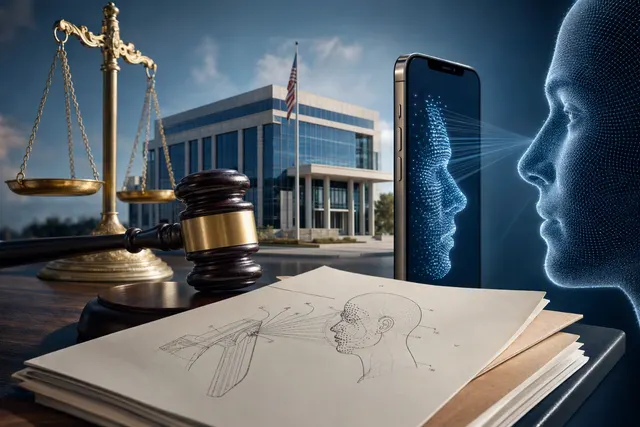 Editorial illustration of BASF’s trinamiX patent lawsuit against Apple over Face ID technology