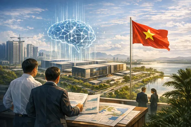 Editorial illustration of a large AI data center campus and power infrastructure in southern Vietnam