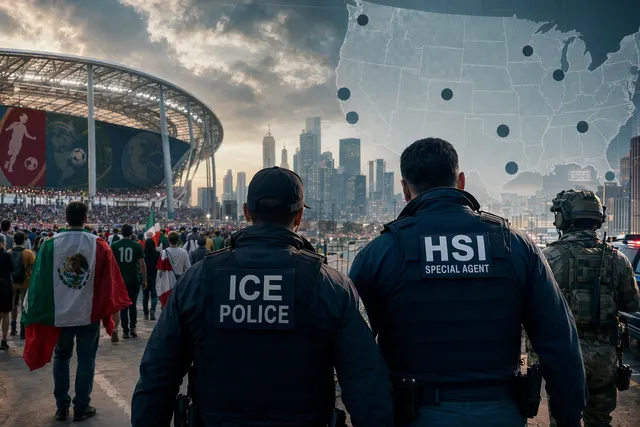 Illustration of federal law enforcement presence around a major soccer stadium during the 2026 FIFA World Cup