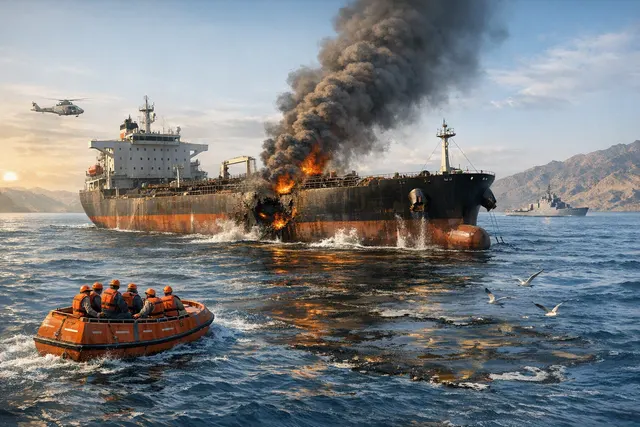 Editorial illustration of an oil tanker disabled after an unidentified projectile strike near Ash Shishah, Oman