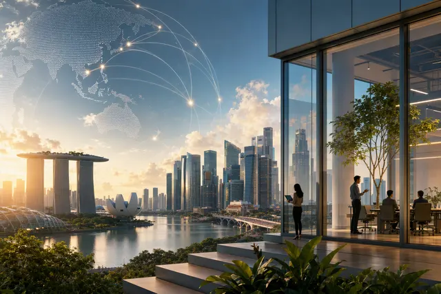 AI-generated editorial illustration accompanying news of Anthropic’s planned Singapore office