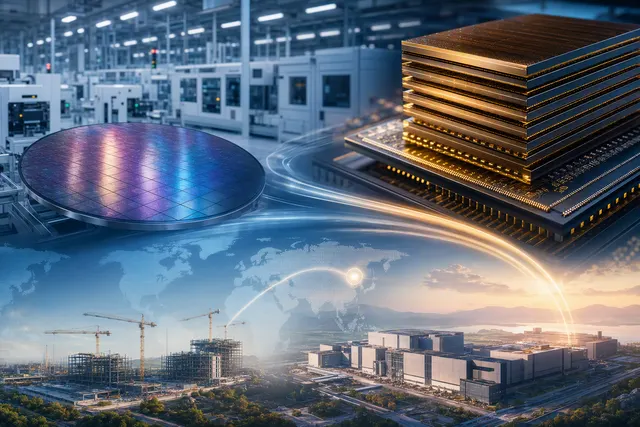 Editorial illustration of high-bandwidth memory chips and advanced semiconductor manufacturing