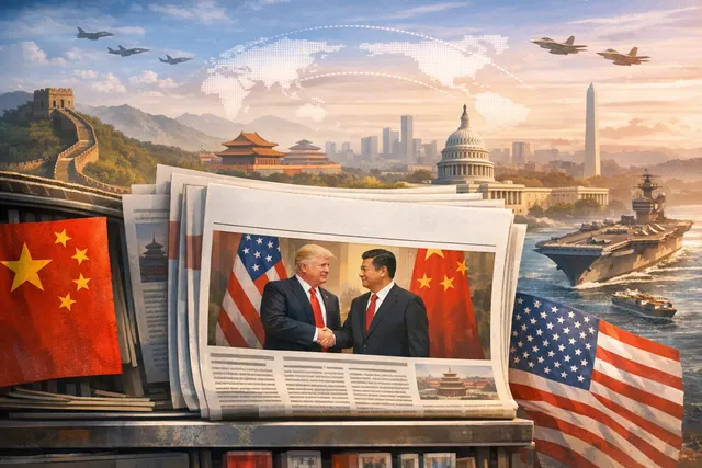 Illustration of the US and China flags side by side, symbolizing diplomacy, competition, and the state of bilateral relations after the Trump-Xi summit.
