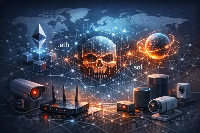 Abstract digital illustration of a globe with connected nodes and blockchain links representing the Dysphoria IoT botnet's infrastructure