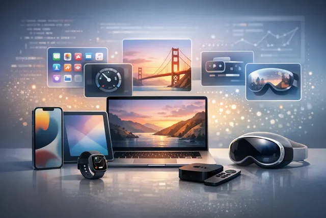Abstract editorial illustration of Apple devices connected by a glowing Siri AI interface