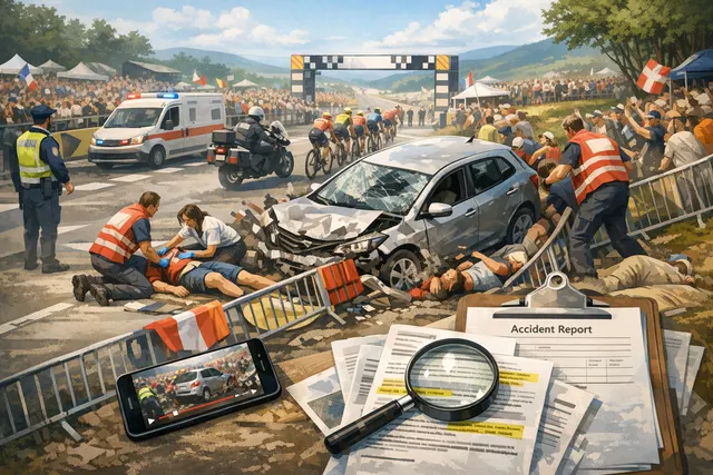 AI-generated editorial illustration of a press car crashing into barriers near the finish line at a cycling race, with emergency responders and spectators nearby