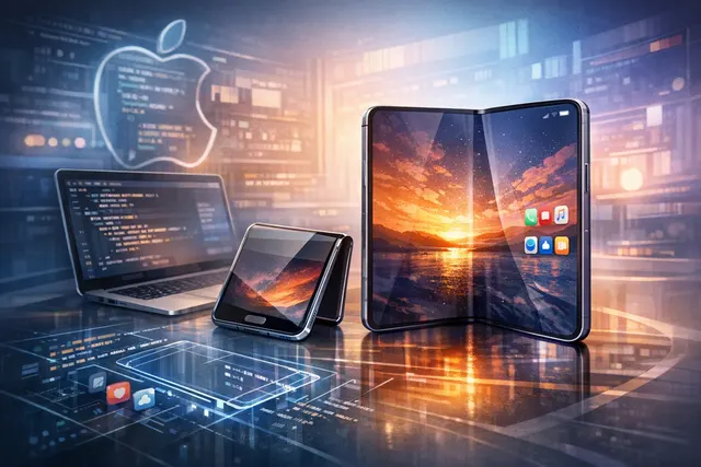 Concept illustration of Apple's rumored foldable iPhone Ultra showing a book-style design with a flexible inner display and a smaller outer cover screen, on a dark studio-style bac