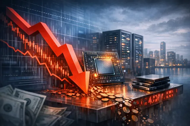 A downward-trending stock chart over a dark semiconductor circuit board background, illustrating Broadcom's massive market value loss.