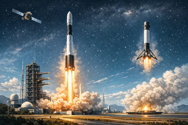 Editorial illustration of a reusable Zhuque-3 rocket booster descending toward a recovery pad in Gansu