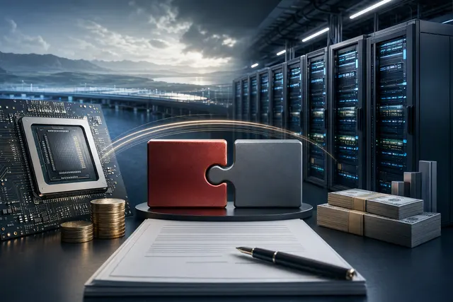 Editorial illustration representing AI chips, data-center computing capacity and infrastructure financing