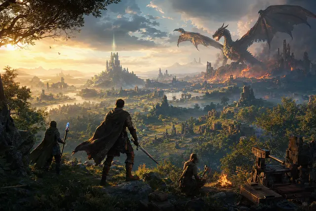 Fantasy adventurers explore a dragon-threatened wilderness in RuneScape: Dragonwilds