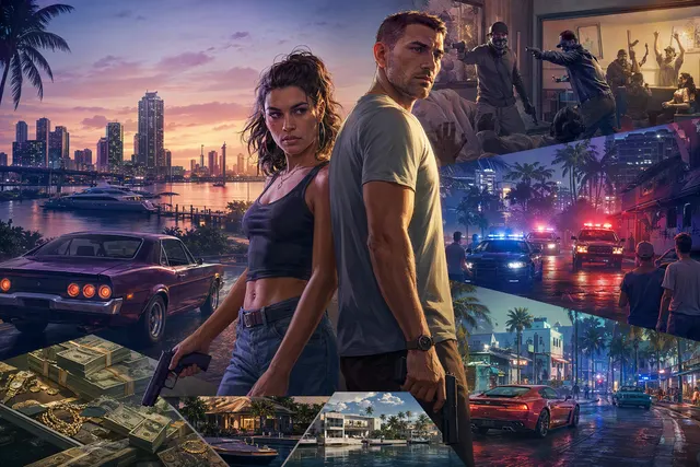 Editorial illustration representing GTA VI crime, police surveillance and vehicle escape systems