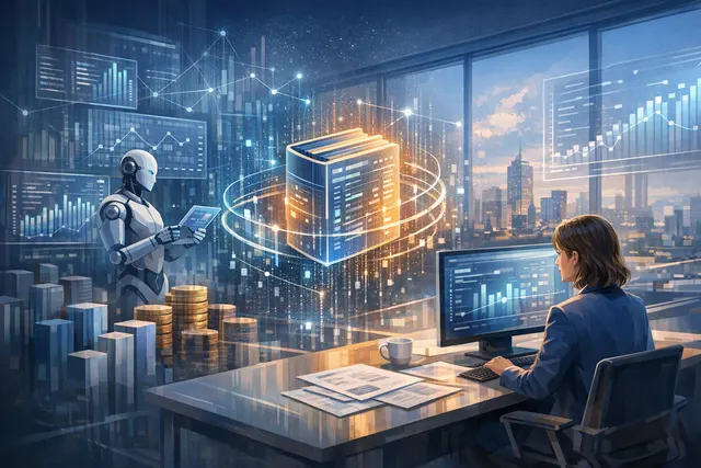 Abstract editorial illustration of AI agents and financial data flowing through a modern accounting ledger