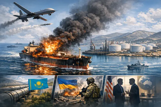 AI-generated image of a tanker at an offshore mooring point near Novorossiysk with a fire on deck, representing the July 30 drone strike on the CPC terminal.
