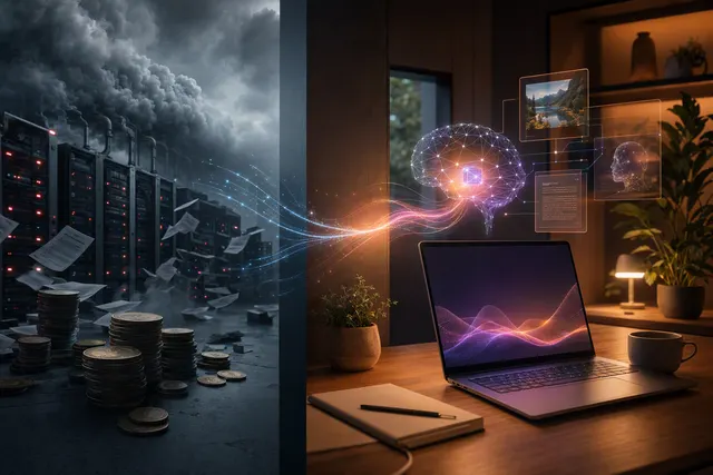Editorial illustration of AMD’s Personal AI strategy, showing local AI computing on a PC rather than a distant cloud