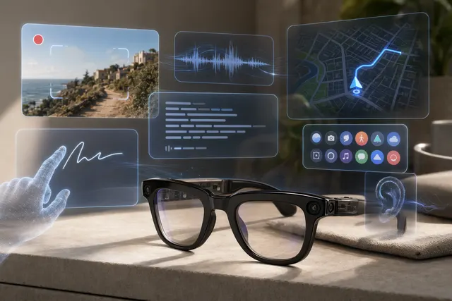 Meta Ray-Ban Display smart glasses illustrating AI-powered features like neural handwriting, navigation, and in-lens display interactions
