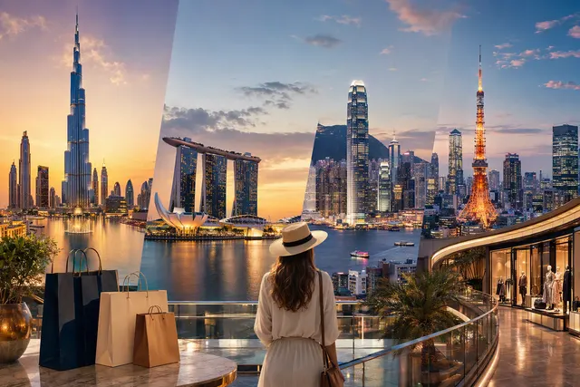 Editorial illustration for a travel guide to cities with modern skylines and shopping