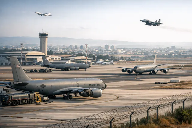 US Air Force refueling tanker aircraft on a runway at Ben Gurion International Airport in Israel, with service crew in the foreground under clear skies, symbolizing the partial mil
