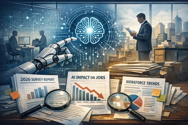 Abstract image depicting AI and the labor market: gears and data streams merging with human silhouettes