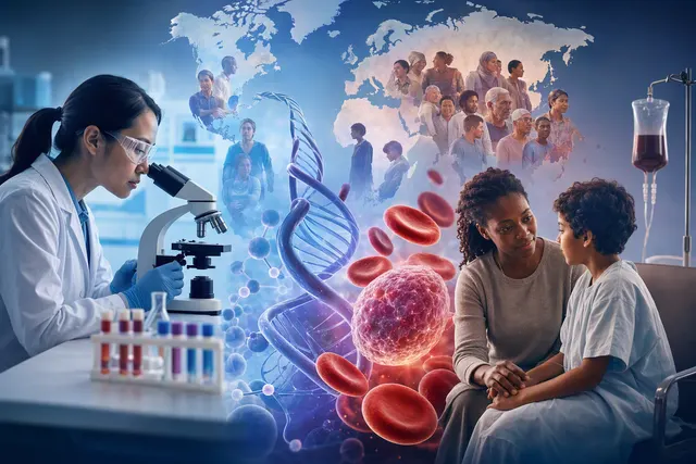 Editorial illustration of precision base editing in blood-forming stem cells for beta-thalassemia and sickle-cell disease