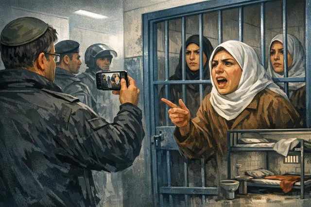 AI-generated editorial illustration of a prison visit involving an Israeli minister and Palestinian women detainees
