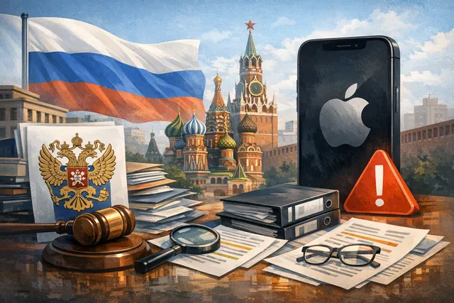 Illustration of the Apple logo with Russian regulatory symbols and legal documents in the background
