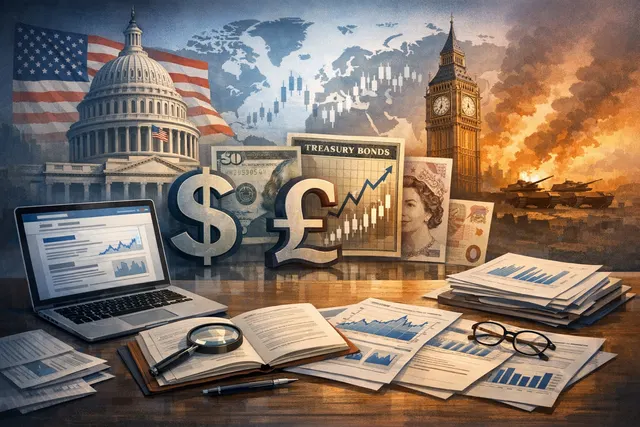 Abstract visualization of currency charts, oil barrels, and a Gulf map representing the convergence of the Strait of Hormuz crisis, Federal Reserve policy, and UK political turmoil
