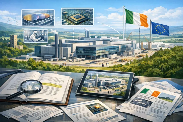 Aerial or conceptual view of Intel's Fab 34 semiconductor manufacturing facility at Leixlip, Ireland, highlighting Europe's most advanced chip production site using EUV lithography