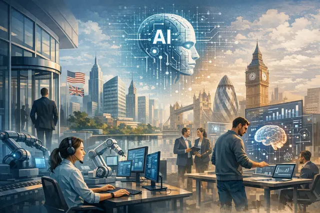 Editorial illustration of artificial intelligence reshaping hiring, layoffs, and career paths in the United States and United Kingdom