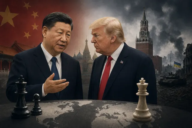 Illustration of Xi Jinping, Donald Trump, and Vladimir Putin amid geopolitical tension over the Ukraine war