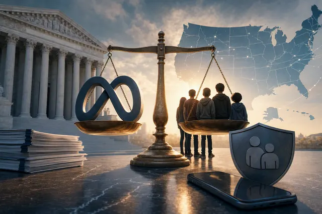 Editorial illustration of Meta’s teen-safety settlement and social-media time limits