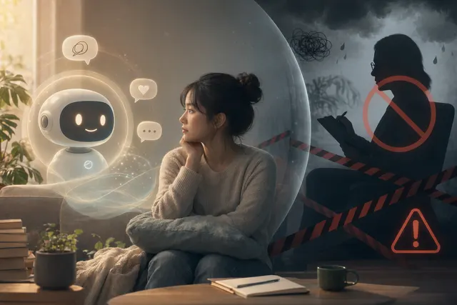 一個人使用 AI 聊天工具整理情緒的 editorial 插畫