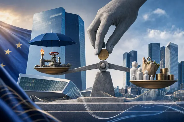 Editorial illustration of the European Central Bank and interest-rate policy amid rising energy prices