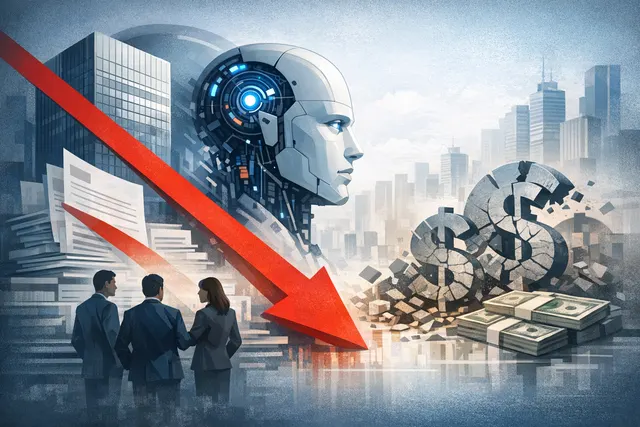 An abstract digital visualization of financial charts and AI circuitry converging around a stalled warning sign, representing lender hesitation on SoftBank's collateralized OpenAI