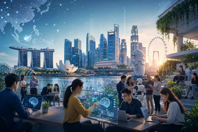 Illustration representing Singapore’s strategy in the global AI race with robotics, data networks, and city infrastructure