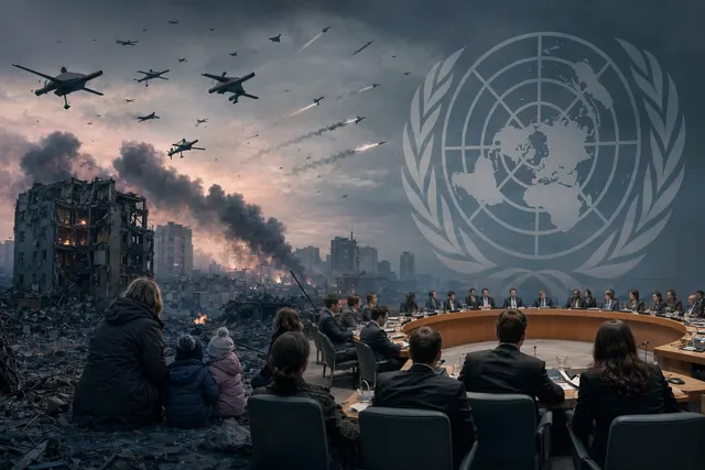Illustration representing UN Security Council discussion on escalating Ukraine war and drone attacks